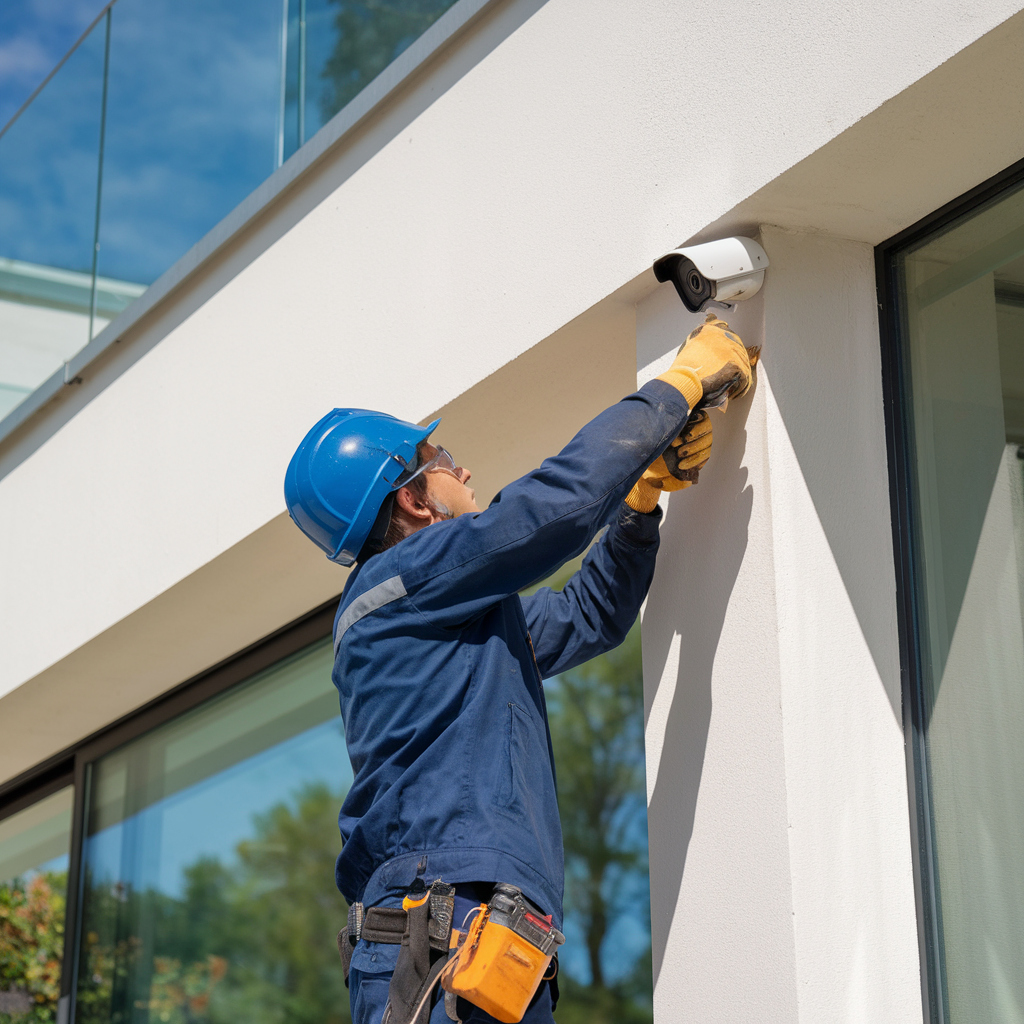Técnico realizando una instalación de cámaras de seguridad