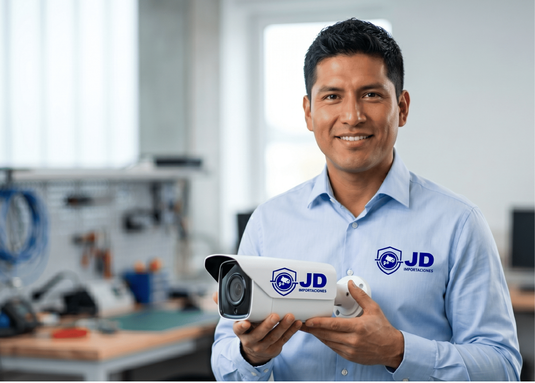 Asesor de JD Importaciones mostrando una cámara de videovigilancia